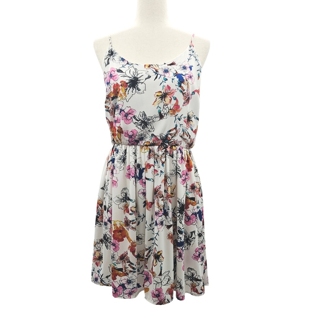 Aqua Womens Floral Print Mini Dress White Pink Blue Elastic Waist Large